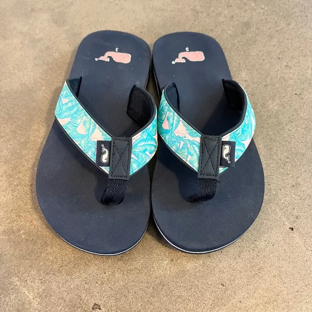 Vineyard Vines Tropical Teal Blue boys flip flop sandals size 3 shoes swimwear